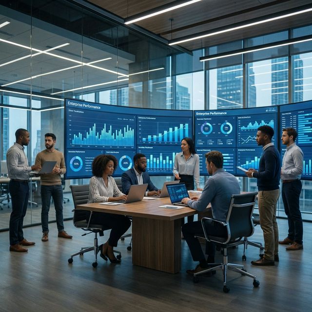 Equipo profesional trabajando con dashboards de Enterprise Performance Management